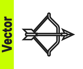 Obraz premium Black line Medieval bow and arrow icon isolated on white background. Medieval weapon. Vector.