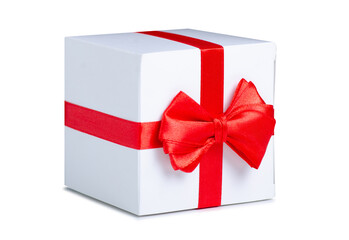 White gift box with red ribbon on white background isolation