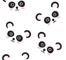 Vector seamless pattern of flat cartoon hand drawn doodle panda face isolated on white background