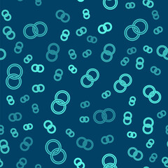 Green line Wedding rings icon isolated seamless pattern on blue background. Bride and groom jewelry sign. Marriage symbol. Diamond ring. Vector.
