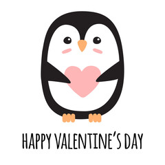 Vector flat cartoon hand drawn doodle penguin with heart and happy Valentine’s day lettering isolated on white background