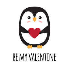 Vector flat cartoon hand drawn doodle penguin with heart and be my Valentine lettering isolated on white background