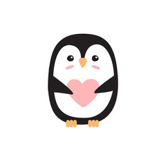 Vector flat cartoon hand drawn doodle colored penguin with heart isolated on white background