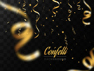 Fototapeta na wymiar Golden confetti falls on a beautiful background. Falling streamers on stage.