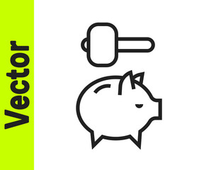 Black line Piggy bank and hammer icon isolated on white background. Icon saving or accumulation of money, investment. Vector.