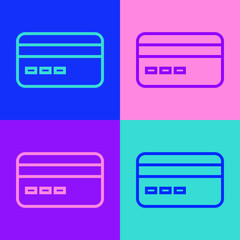 Obraz premium Pop art line Credit card icon isolated on color background. Online payment. Cash withdrawal. Financial operations. Shopping sign. Vector.