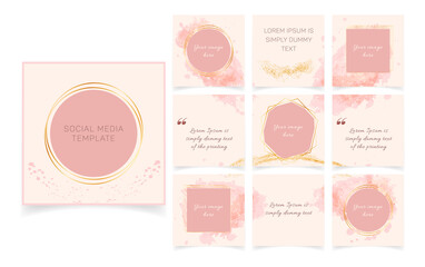 Set of editable minimal square instagram social media posts templates. Fashion background with pastel pink brush strokes, golden frames. Suitable for social media posts, puzzle feed, apps, banners