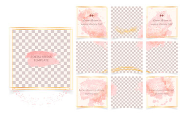 Editable abstract square instagram social media posts banners templates. Minimalist fashion background with soft pink brush strokes, golden frames. Suitable for social media posts, covers, puzzle feed
