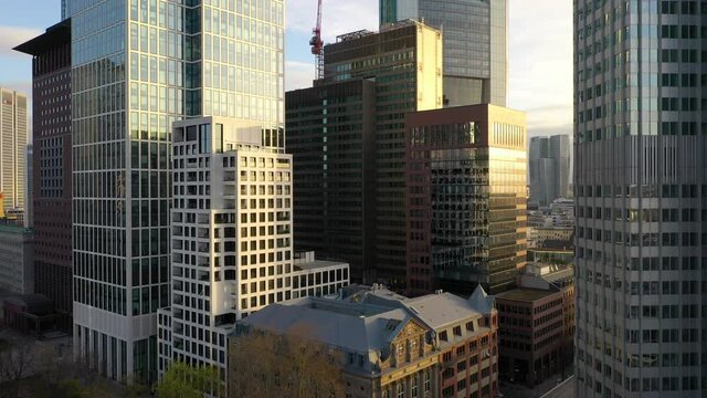 Arial shot of skysraper in Frankfurt after sunrise