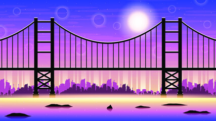 Abstract Sky Background Vector Silhouette With Bridge Water Sun City Town Landscape Vector Design Style
