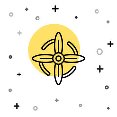 Black line Wind turbine icon isolated on white background. Wind generator sign. Windmill for electric power production. Random dynamic shapes. Vector.