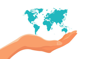 vector illustration, hands hold the planet from pollution, save the planet, small factories process, save energy, Earth Day concept - vector