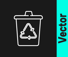 White line Recycle bin with recycle symbol icon isolated on black background. Trash can icon. Garbage bin sign. Recycle basket sign. Vector.