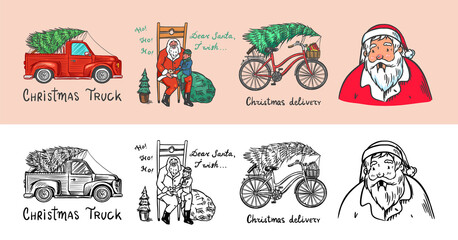 Car and Bicycle with a Christmas tree. Spruce iand wreath. Santa Claus. Bearded grandfather with a child. Vector illustration for label, postcard or banner. Hand drawn Vintage engraved sketch. 