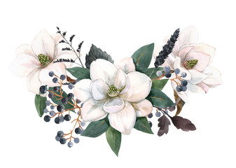 Beautiful stock illustration with gentle hand drawn watercolor floral composition. Magnolia flowers. © zenina