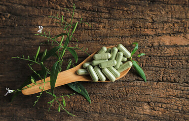 green herbal medicine on wooden table for health care eating 