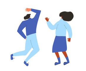Couple rejoice. Two characters wearing in casual clothes dancing together isolated on a white background. Persons jumping and have fun. Vector flat illustration.