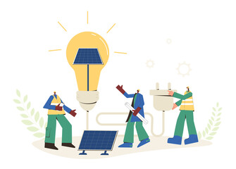 Solar energy system concept. Installing solar modules. Field service technicians, engineer  and architect. Scene with people and panels. Sustainable development. Vector flat scene.