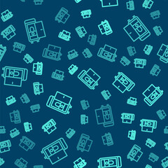 Green line Toilet in the train car icon isolated seamless pattern on blue background. Vector.