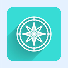 White line Compass icon isolated with long shadow. Windrose navigation symbol. Wind rose sign. Green square button. Vector.
