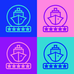 Fototapeta na wymiar Pop art line Cruise ship icon isolated on color background. Travel tourism nautical transport. Voyage passenger ship, cruise liner. Worldwide cruise. Vector.