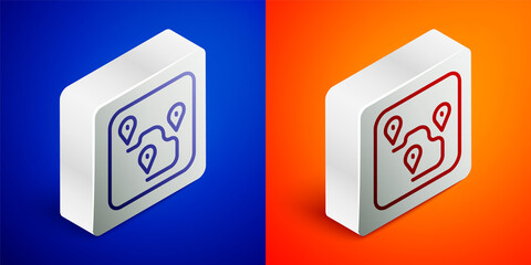 Isometric line Route location icon isolated on blue and orange background. Map pointer sign. Concept of path or road. GPS navigator. Silver square button. Vector.