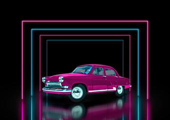 A vintage 1950s car on a retro neon light tube stage