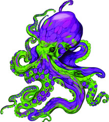 Obraz premium octopus purple, green sea reptile vector illustration