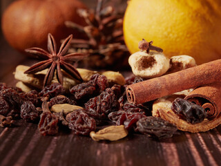 christmas mulled wine, a set of spices and fruits for mulled wine