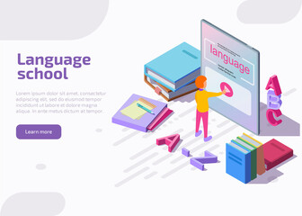 Language school isometric landing page. Isometric character learning english through application on tablet. Online education, training or e-learning courses, university lesson for banner and website.
