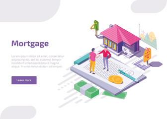 Mortgage isometric web banner. Man buy home, shake hands to real estate agent. Landing page of property mortgage with key, money and financial contract. Purchase house with bank credit, installments.