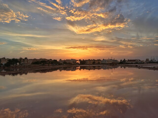 Sunset in the port. Island of Formentera. Sunset over the port of Formentera. Sunset over the salt...