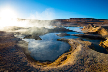 Sol de Manana geysers and geothermal area in the Andean Plateau in Bolivia - 403472150