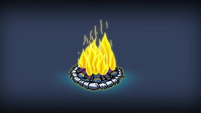 Campfire burning. Cartoon fire flame animation on yellow background. Insurance or safety subject. Seamless loop. Alpha channel included.