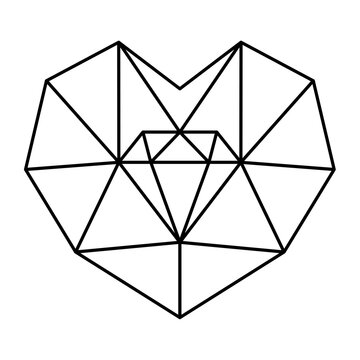Geometric heart shape. Vector illustration poligonal heart with diamond inside logo design. Love symbol. Simple linear icon. Valentine's day or wedding invitation element isolated on white background.