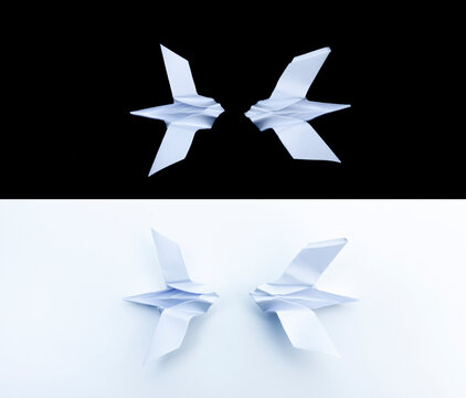 Origami Papierv&ouml;gel auf schwarzem und auf weissem Hintergrund