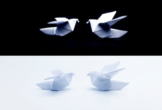 Origami Papierv&ouml;gel auf schwarzem und auf weissem Hintergrund