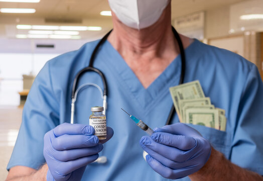 Senior Man Nurse With Syringe Preparing A Dose Of The Vaccine In Exchange For Cash To Beat The Priority Line Or Queue