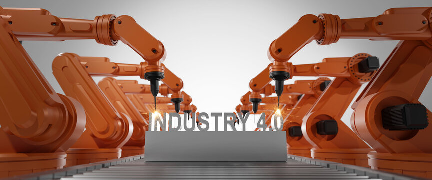 new normal and Futuristic Technology for industry 4.0 concept.Automation robot arm and ai (artificial intelligence),big data,digital twin,5g,network,iot,ar in factory.3D rendering and illustration.