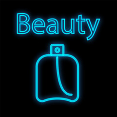 Perfume spray for creating aroma on the body and skin care. perfumes for men and women. perfume packaging with a blue neon outline on a black background. sign for perfume bars. illustration