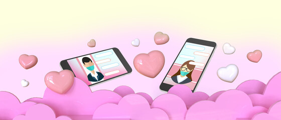 Love couple Online Valentine's day festival in mobile phone social media with purple Cloud and Red hearts .design on pink background - 3d rendering
