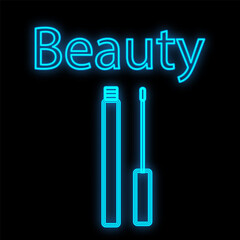 lip gloss with a small thin soft brush. lipstick for applying a persistent glossy coating on the mouth. moisturizing shine, leaving. Neon blue lipstick packaging, on a black background.