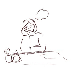 Tired girl fell asleep at the office table vector concept. Contour vector illustration drawn by hand