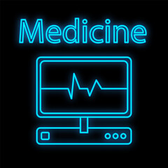 Bright luminous blue medical medical scientific digital neon sign for pharmacy store or hospital laboratory beautiful shiny monitors with pulse cardiogram on a black background illustration