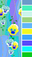 Elegant spring floral pattern of stylized flowers of pansies and wavy lines on a blue background. Horizontal repeating pattern with pansies on a colored geometric background with a color palette