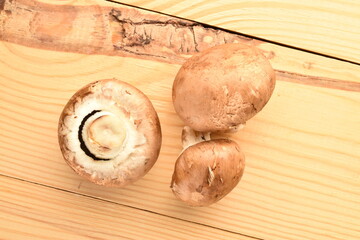 Several organic fresh, cream mushrooms, close up, on a wooden table.