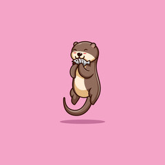 cute otter eat fish. vector illustration. a cute otter who is enjoying eating his favorite fish. flat cartoon style.