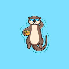 cute otter swim casually. vector illustration. an otter who is enjoying swimming in the pool with a glass of orange juice. flat cartoon style.