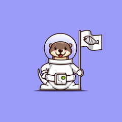 cute otter to be an astronaut. vector illustration. an otter who is becoming an astronaut with his flag. flat cartoon style.