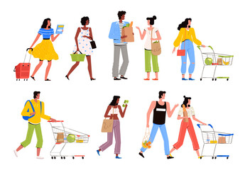 Young men and women with bags, trolleys and packages in a supermarket. People choose products and shop at the store